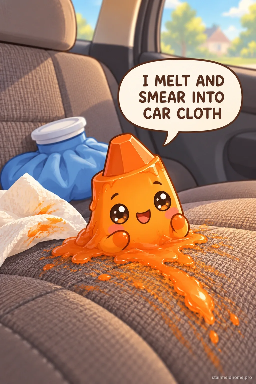 A smeared red melted crayon mark ground into the gray cloth upholstery of a child's car seat area