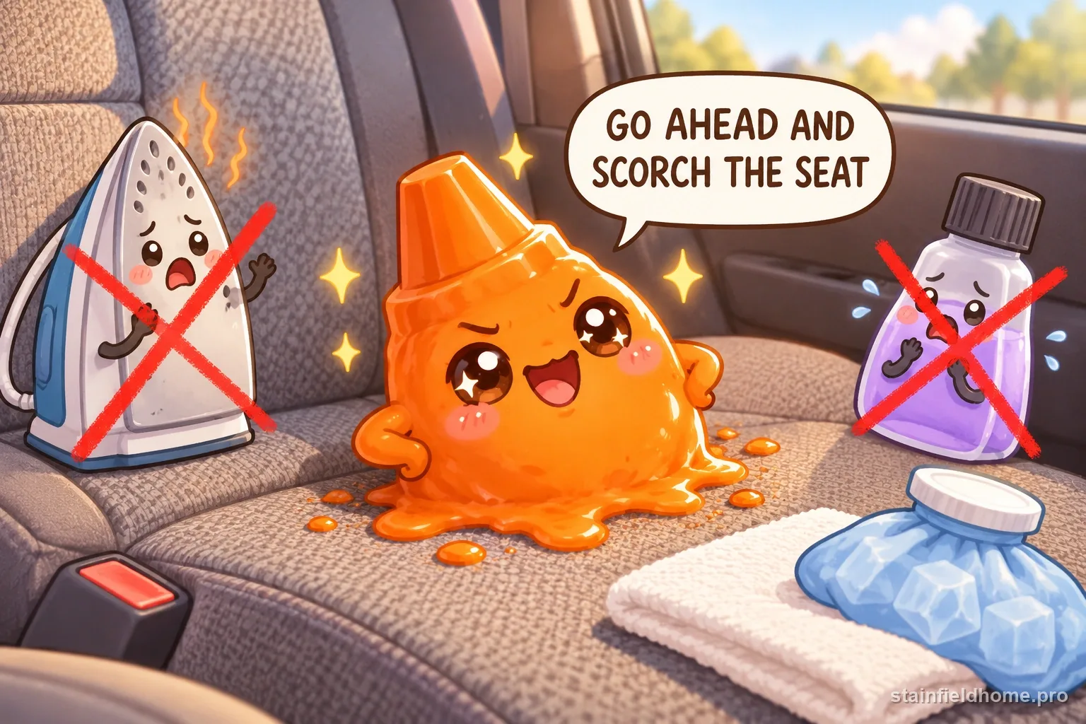 The melted crayon character warns against a risky cleaning method for car seat, with a speech bubble reading “GO AHEAD AND SCORCH THE SEAT”.