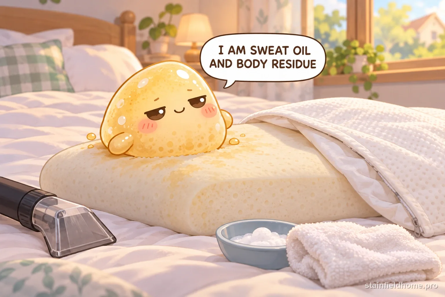 A sweat-oil character on an open-cell foam pillow beside a vacuum nozzle.