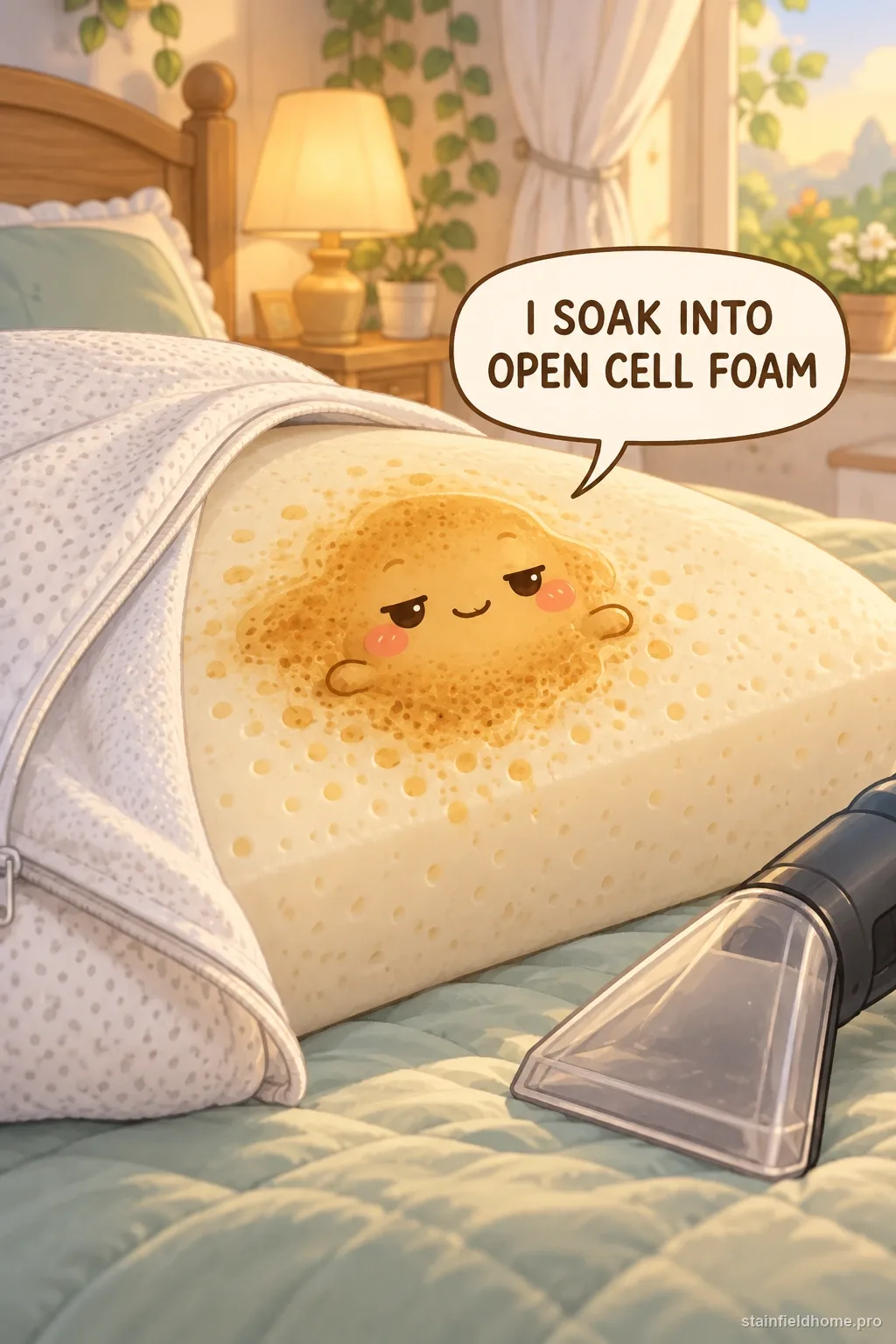 A yellow sweat stain character on a memory-foam pillow beside a vacuum nozzle, with a speech bubble.