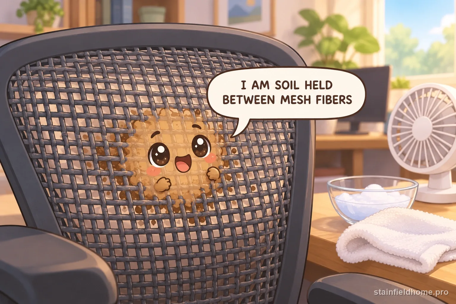 A chibi food, drink, and grease stains character on mesh office chair with a speech bubble reading “I AM SOIL HELD BETWEEN MESH FIBERS”.