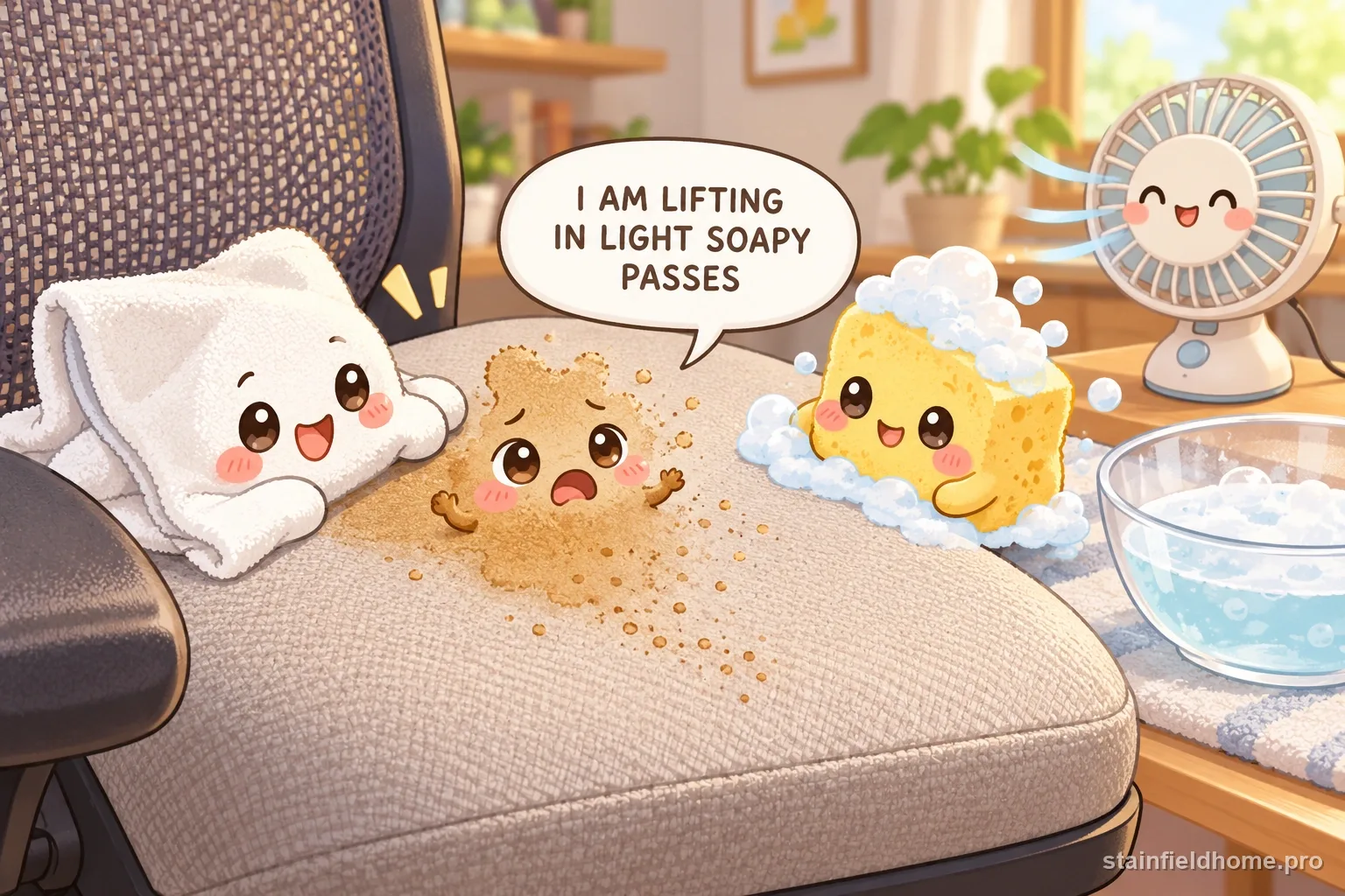 The food, drink, and grease stains character fades beside cleaning supplies for mesh office chair, with a speech bubble reading “I AM LIFTING IN LIGHT SOAPY PASSES”.