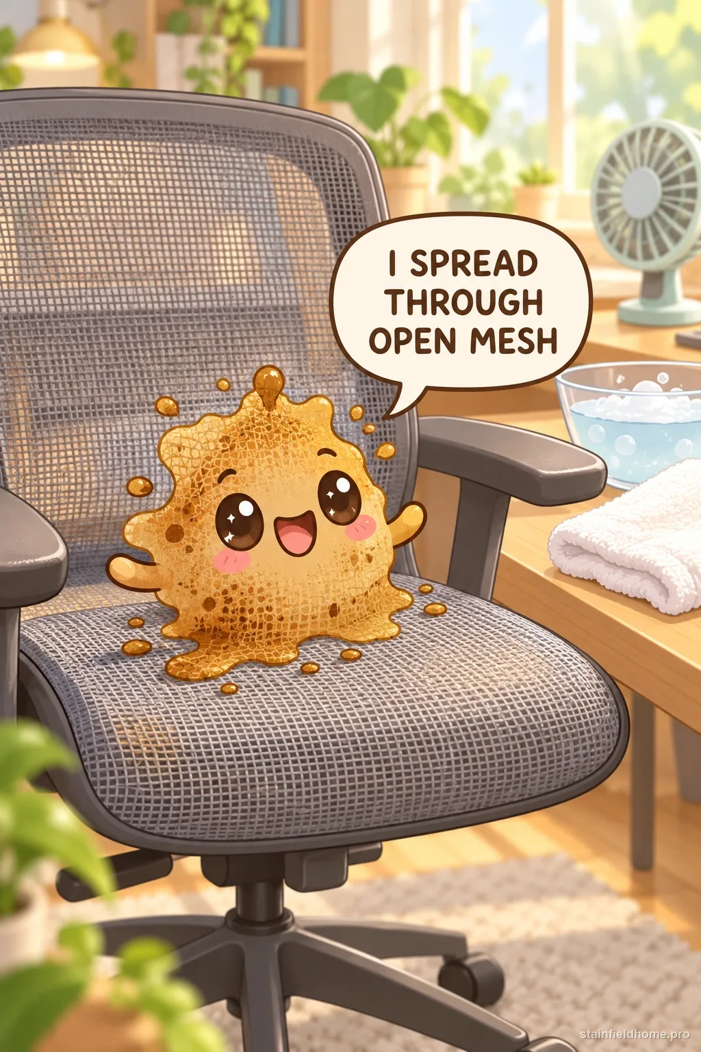 A chibi food, drink, and grease stains character in an illustrated scene about mesh office chair.