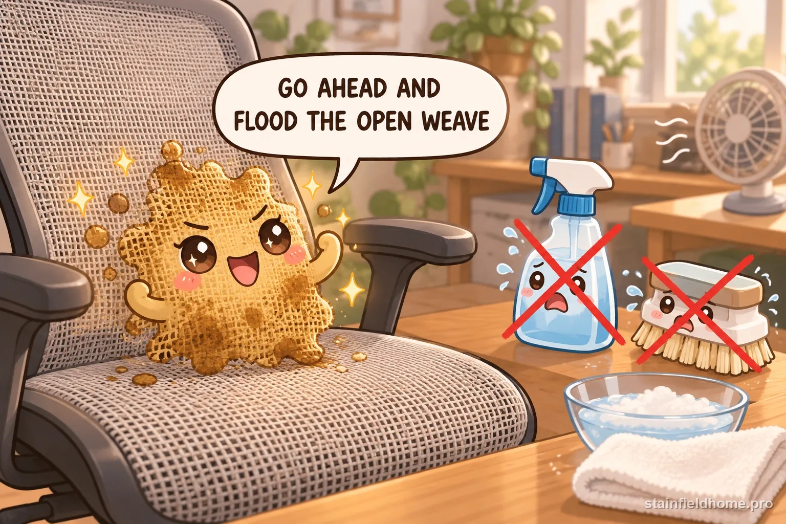 The food, drink, and grease stains character warns against a risky cleaning method for mesh office chair, with a speech bubble reading “GO AHEAD AND FLOOD THE OPEN WEAVE”.
