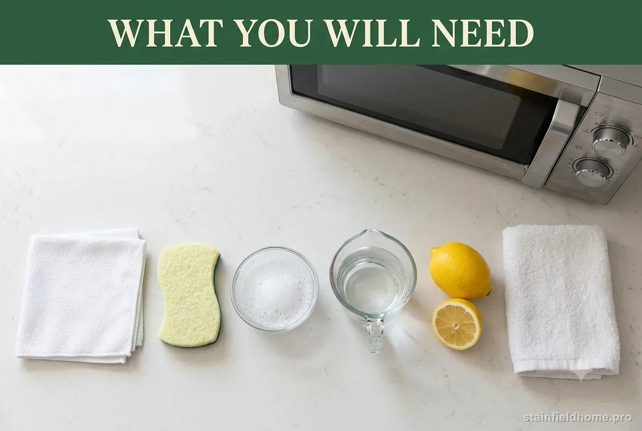 Microfiber cloths, a soft sponge, a bowl of soapy water, a glass measuring cup, lemons and a dry towel on a counter
