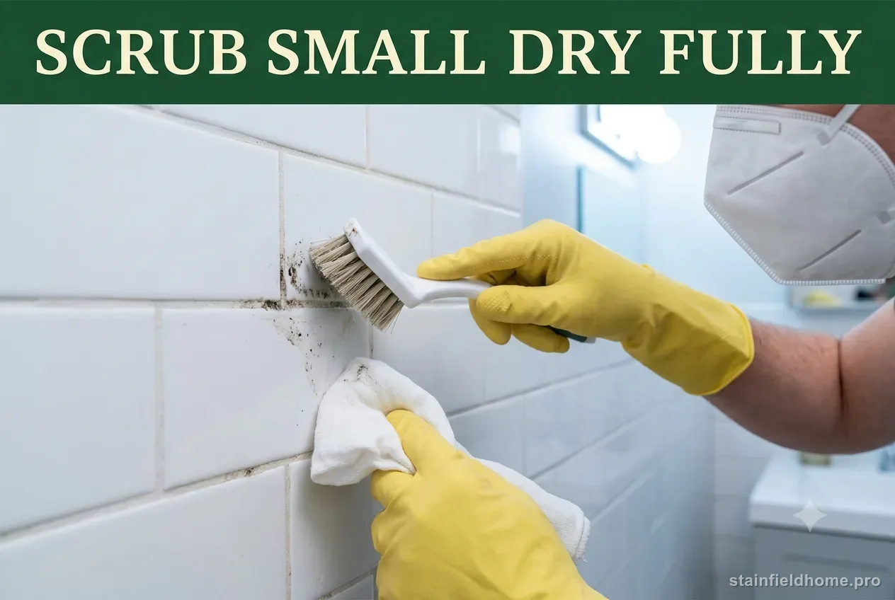 A gloved hand scrubbing mold from grout lines between white subway tiles with a small stiff brush