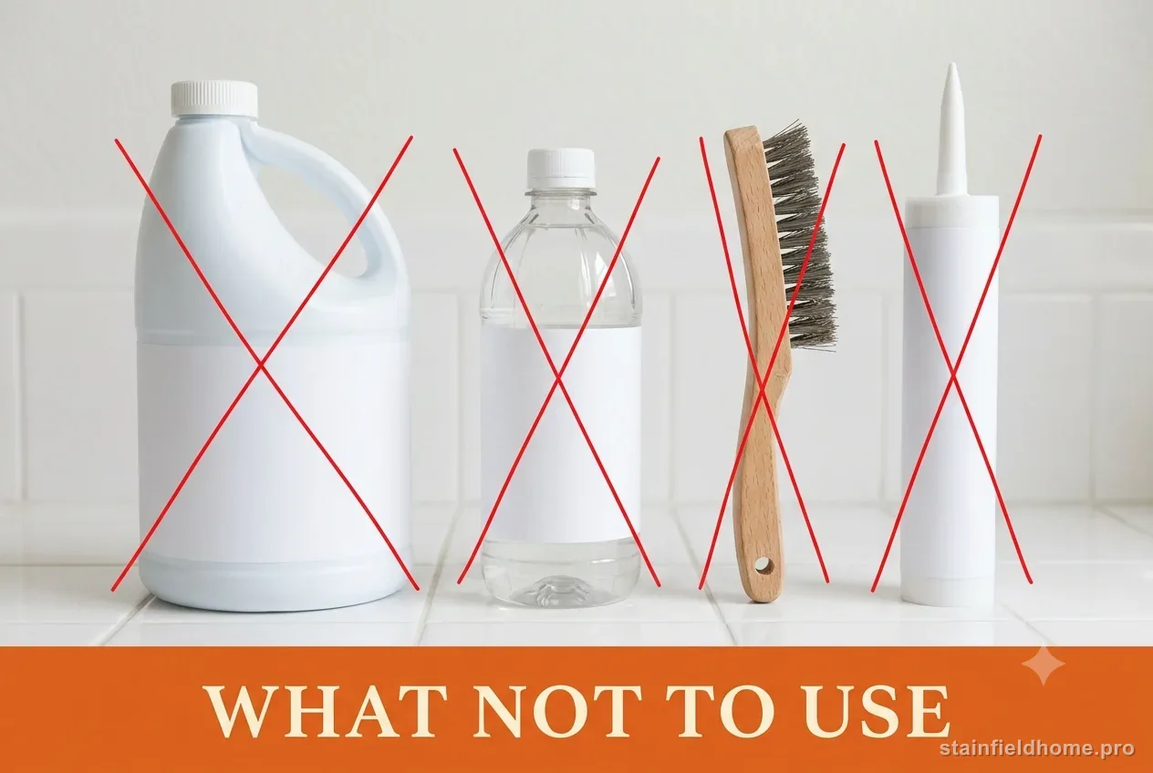 Chlorine bleach, vinegar, a wire brush and bathroom caulk marked with red X on tile