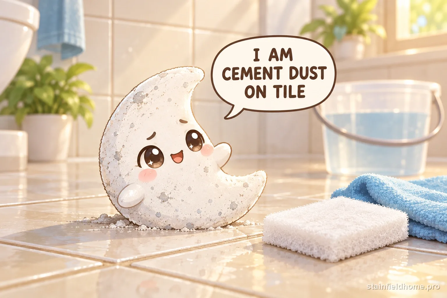 A cement-dust character sitting on new tile beside a scrub brush.