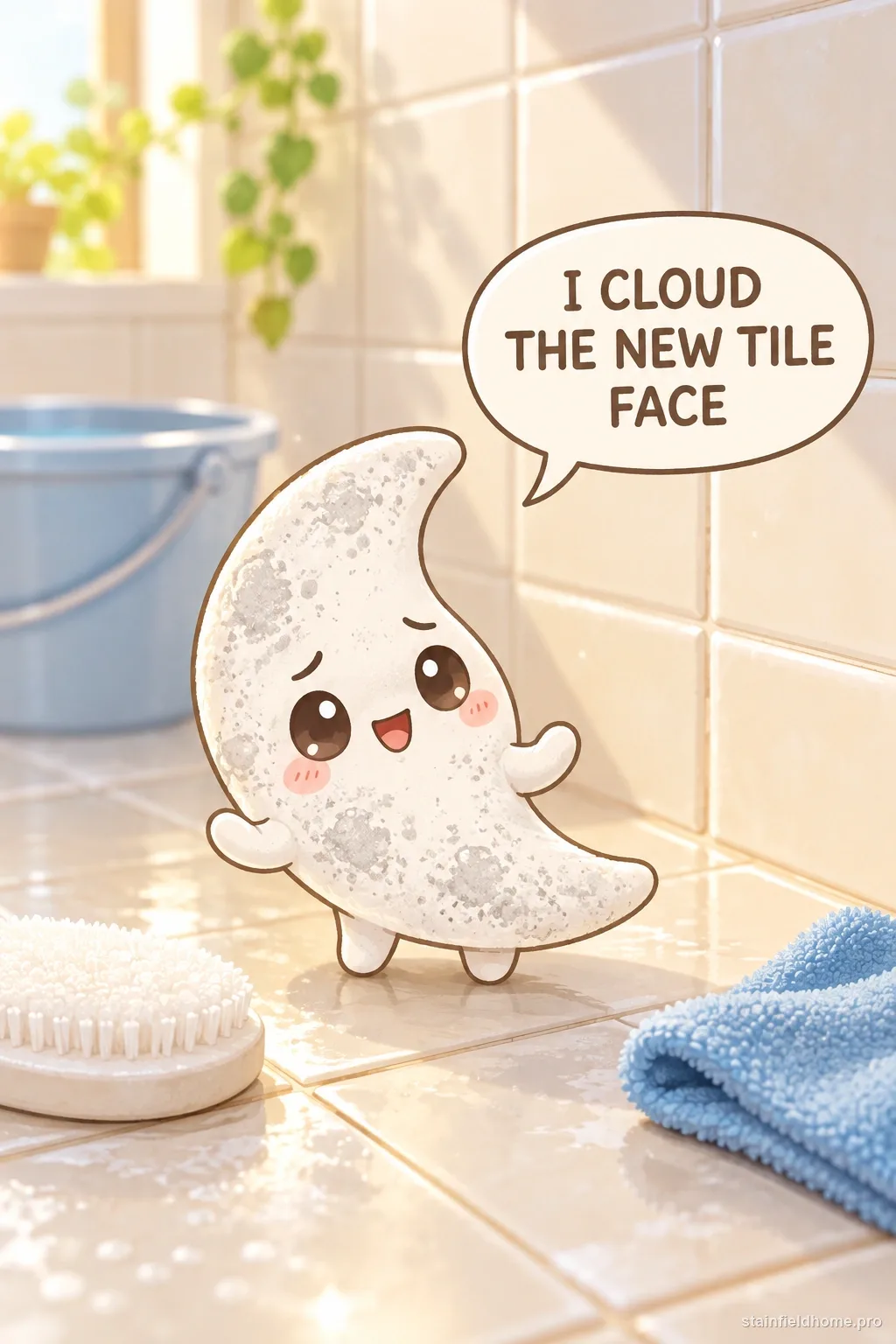 A white cement-dust character clouding a new tiled surface beside a bucket and sponge, with a speech bubble.