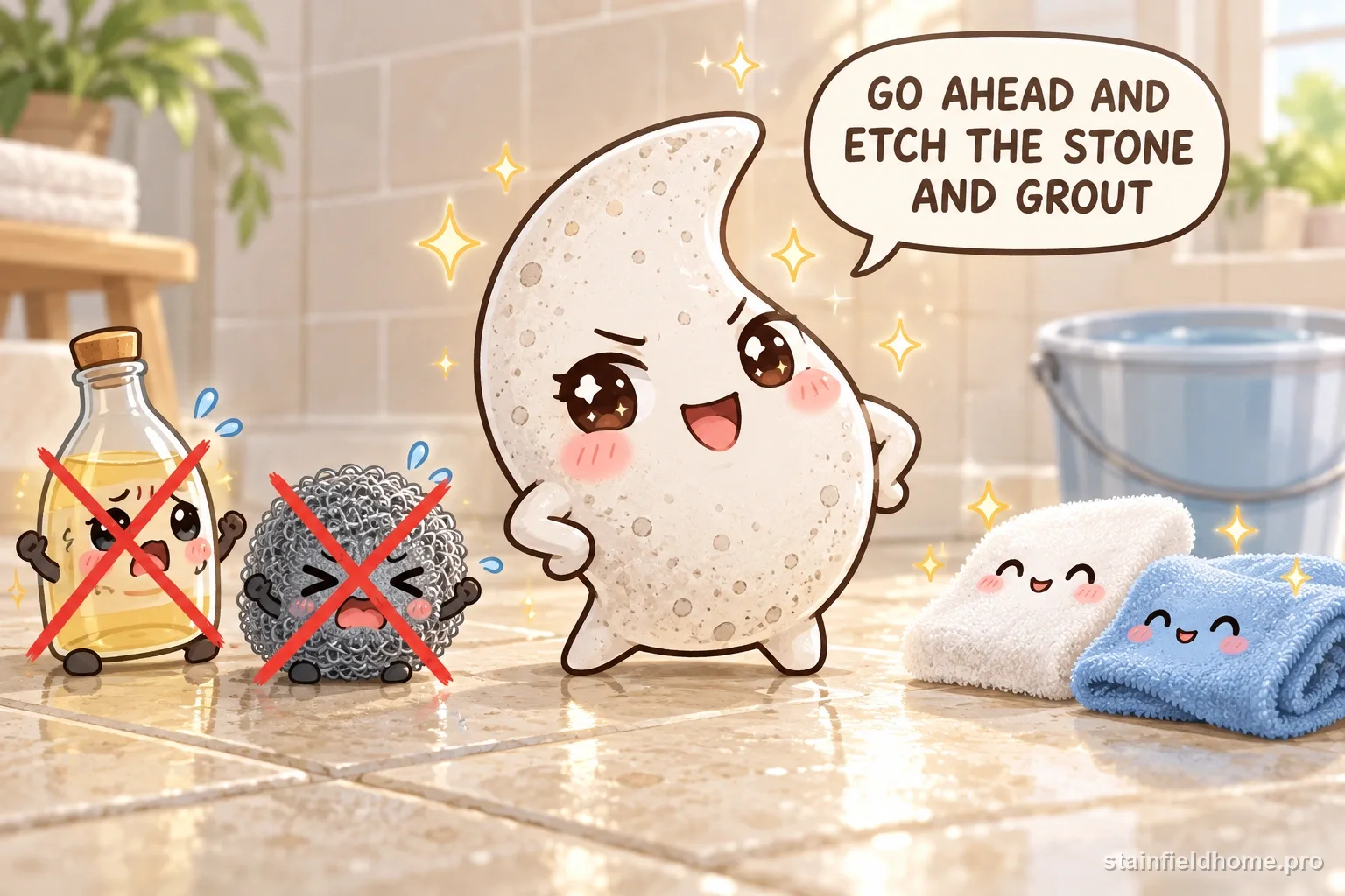 The cement-dust character beside crossed-out acid cleaner and steel wool.