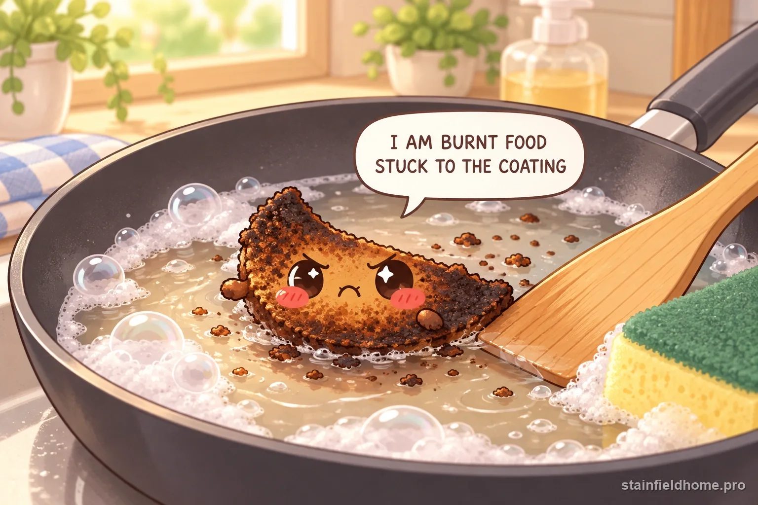 A chibi burnt-on food character on nonstick pan with a speech bubble reading “I AM BURNT FOOD STUCK TO THE COATING”.