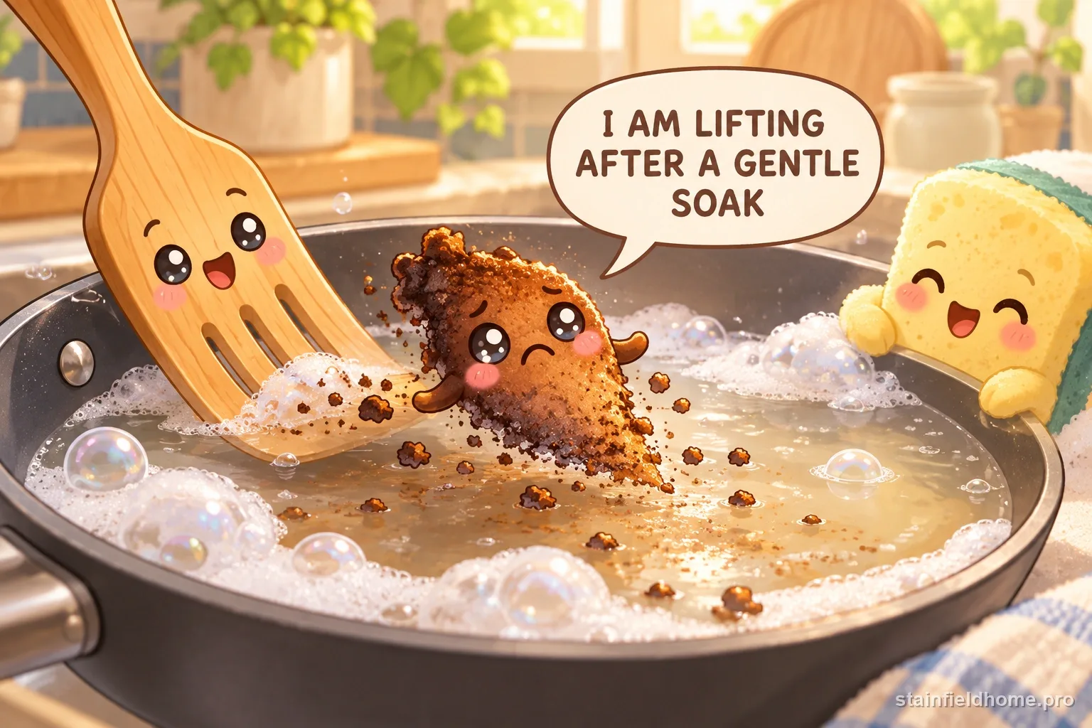 The burnt-on food character fades beside cleaning supplies for nonstick pan, with a speech bubble reading “I AM LIFTING AFTER A GENTLE SOAK”.