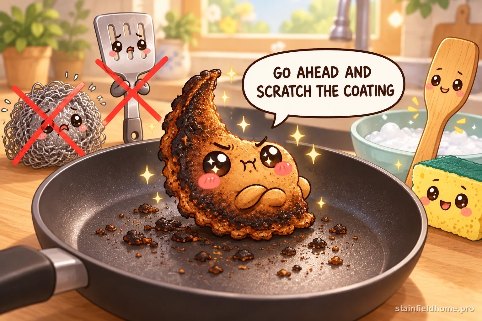 The burnt-on food character warns against a risky cleaning method for nonstick pan, with a speech bubble reading “GO AHEAD AND SCRATCH THE COATING”.
