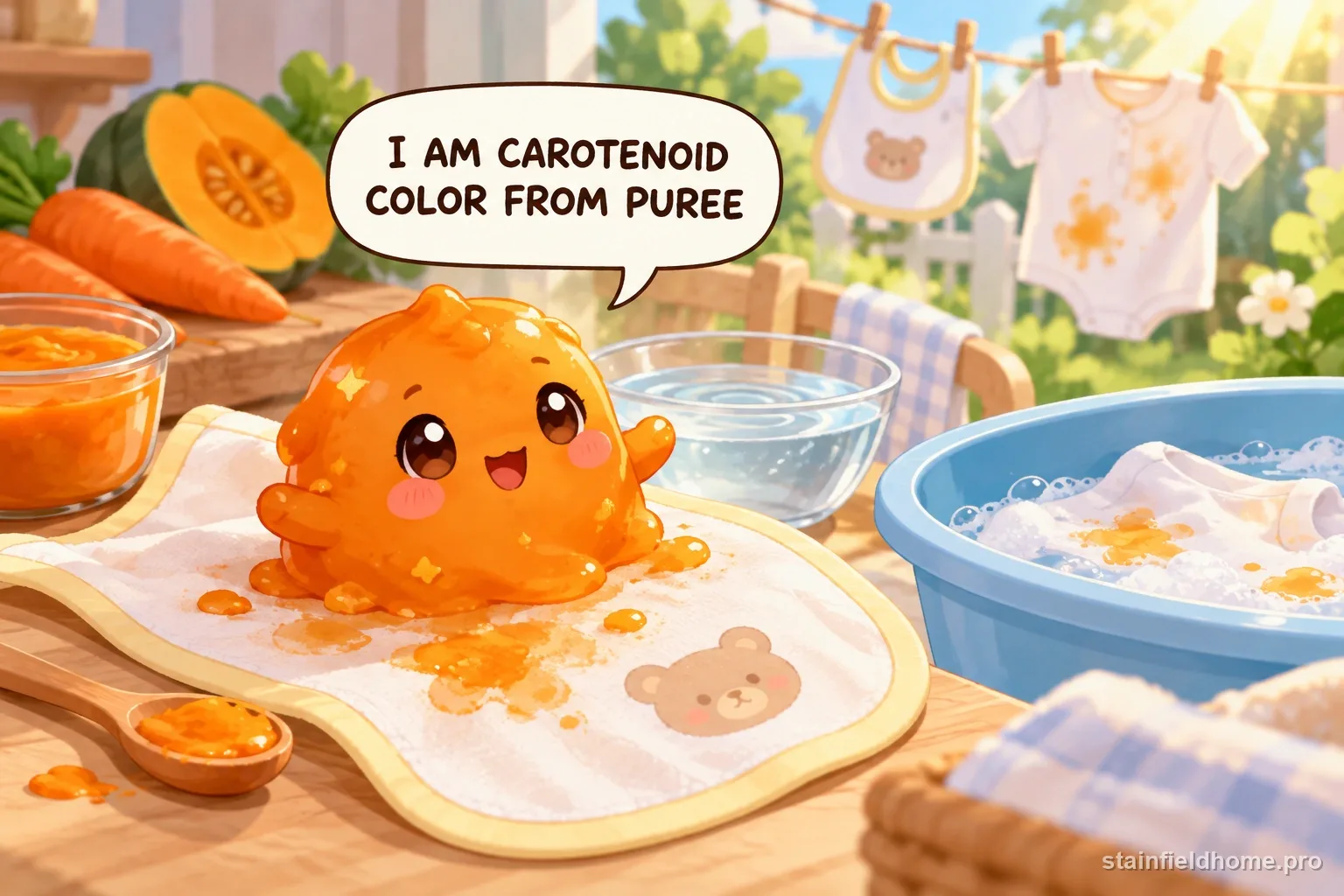 A chibi orange baby food character on bibs and baby clothes with a speech bubble reading “I AM CAROTENOID COLOR FROM PUREE”.