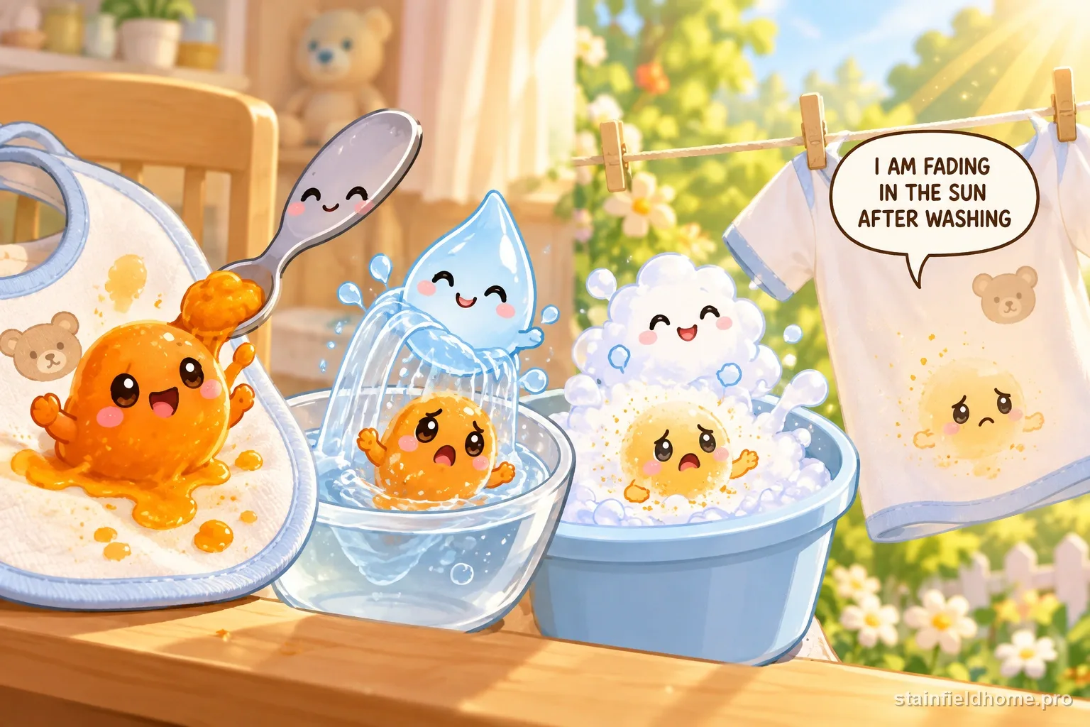 The orange baby food character fades beside cleaning supplies for bibs and baby clothes, with a speech bubble reading “I AM FADING IN THE SUN AFTER WASHING”.