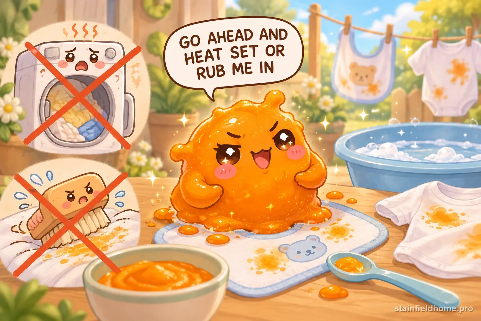 The orange baby food character warns against a risky cleaning method for bibs and baby clothes, with a speech bubble reading “GO AHEAD AND HEAT SET OR RUB ME IN”.
