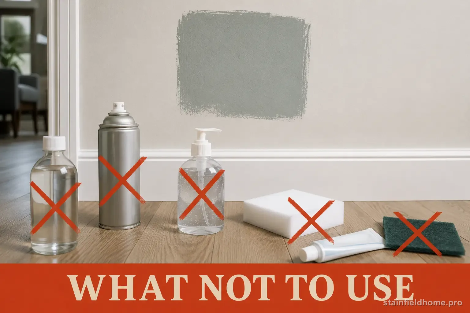 Solvents and abrasive cleaning tools marked as unsafe beside a painted wall sample