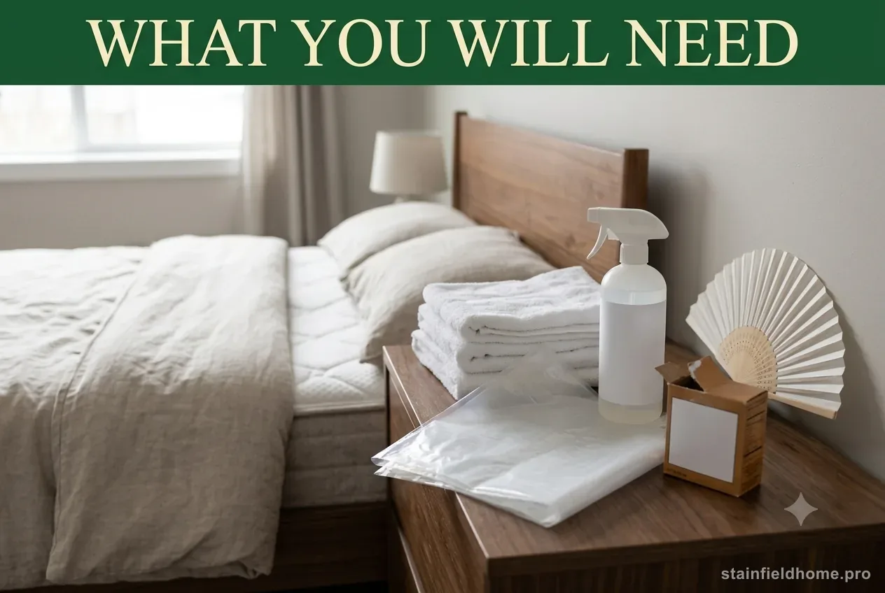 White towels, an enzymatic pet cleaner spray, a folded plastic sheet, baking soda and a small fan on a bedside table