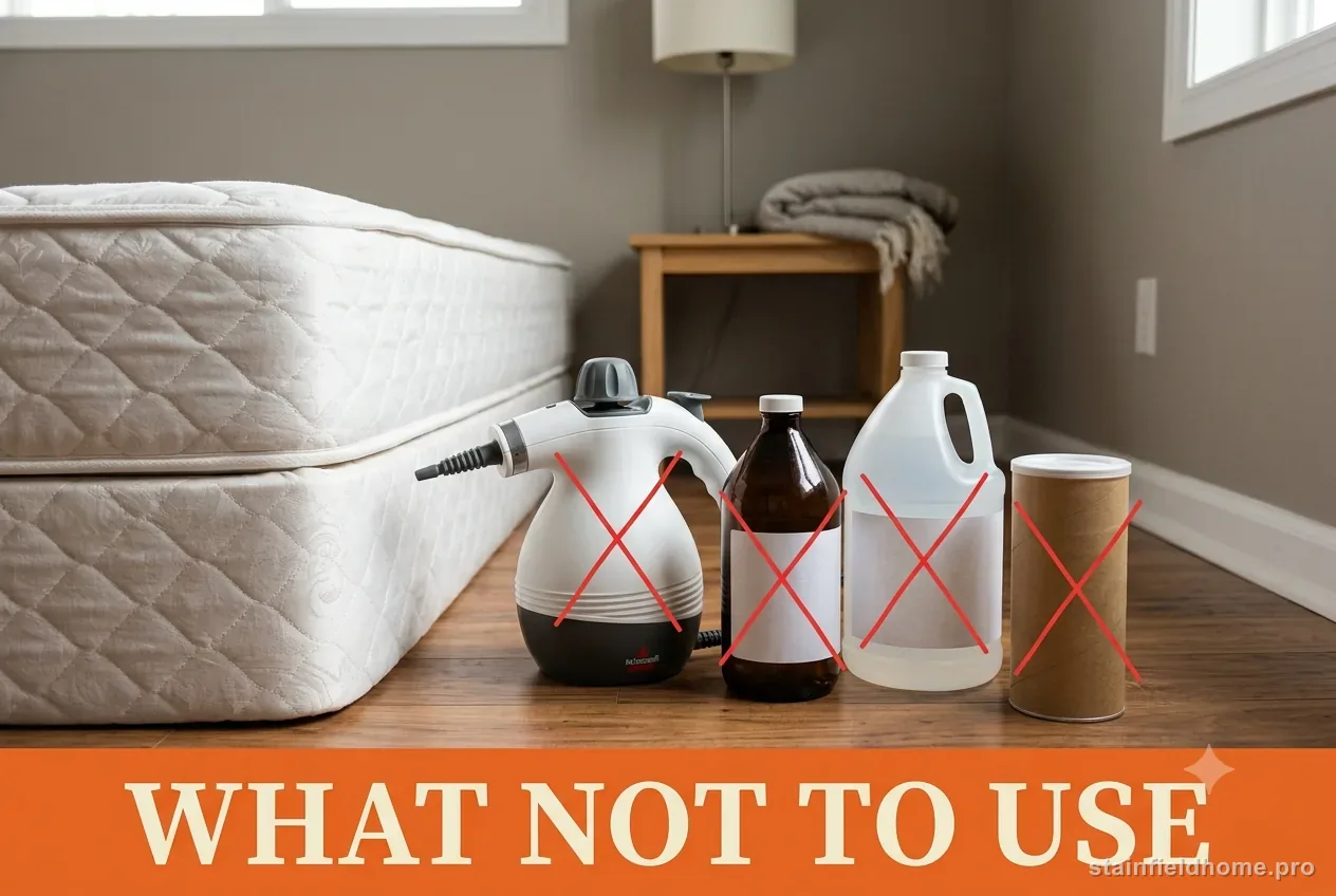 A steam cleaner, a bottle of ammonia, a jug of vinegar and a canister of scented carpet powder marked with red X