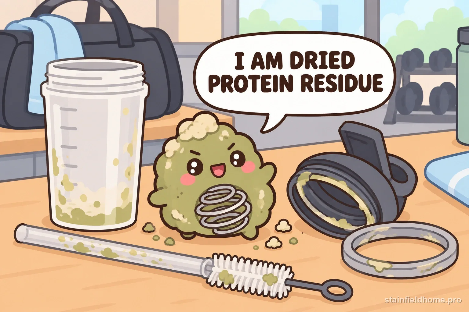 A protein-residue character beside a shaker lid, gasket, and straw brush.
