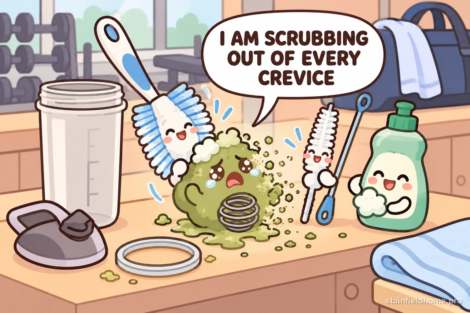The protein-residue character being scrubbed away beside bottle and straw brushes.