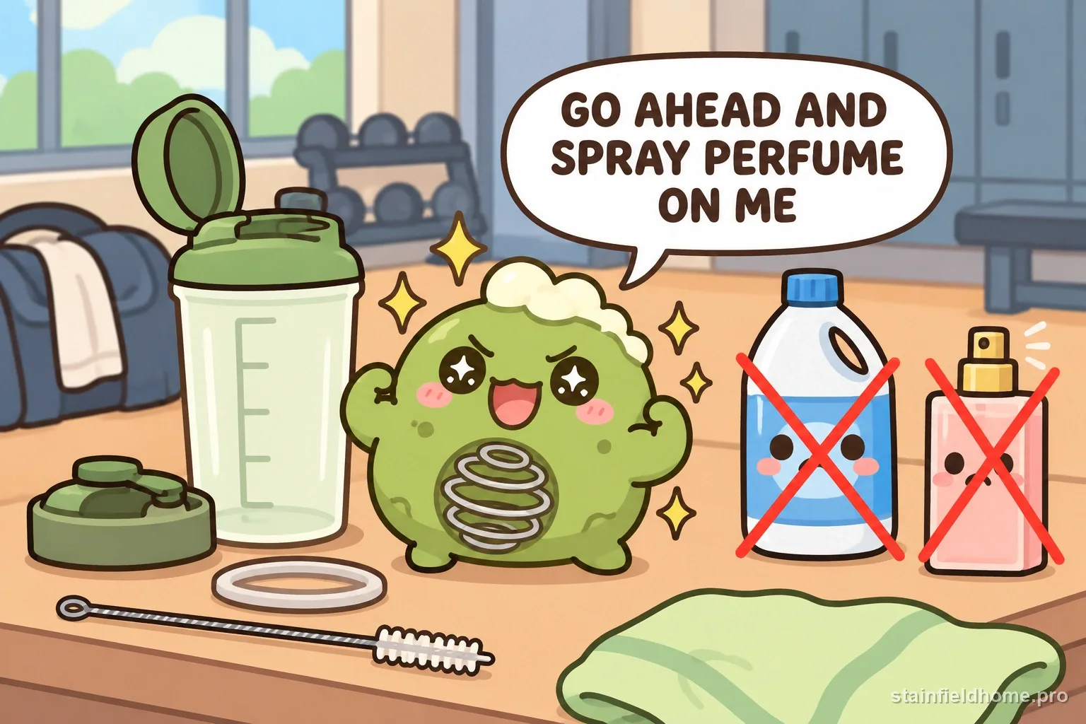 The protein-residue character beside crossed-out bleach and perfume spray.