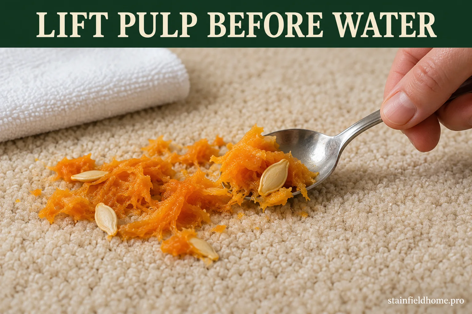 Orange pumpkin pulp and seeds being lifted from beige carpet with a spoon before any liquid is applied.