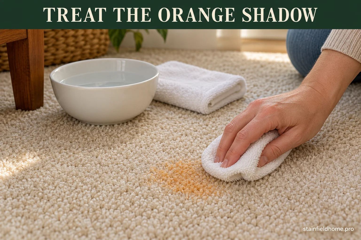 A faint orange pumpkin-pigment shadow on beige carpet being gently treated with carpet-safe oxygen cleaner.
