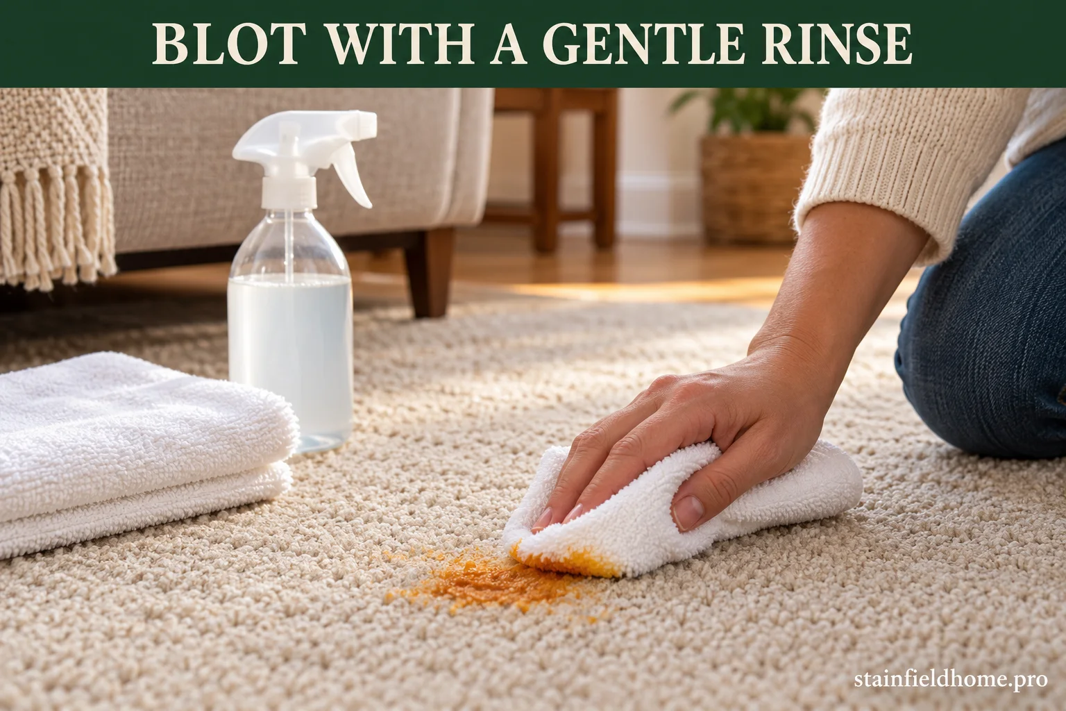 A white cloth blotting an orange pumpkin stain on beige carpet with a gentle rinse solution nearby.