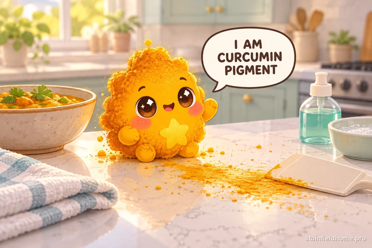 A turmeric character representing curcumin pigment on a quartz counter.