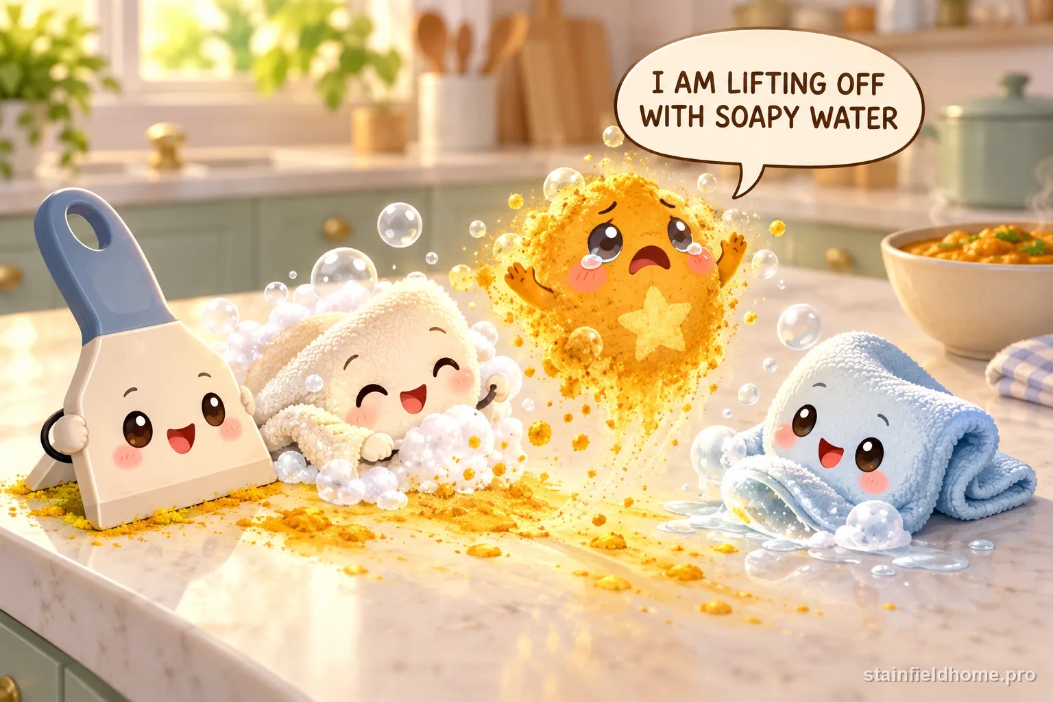 The turmeric character lifting away beside a scraper, mild soap, and cloth.