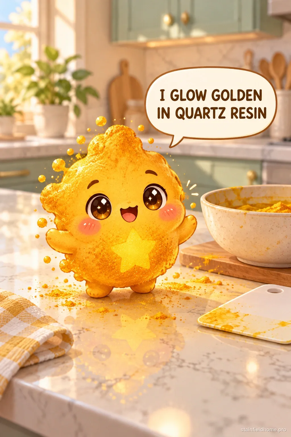 A golden turmeric character on a light quartz countertop beside a bowl and a scraper, with a speech bubble.