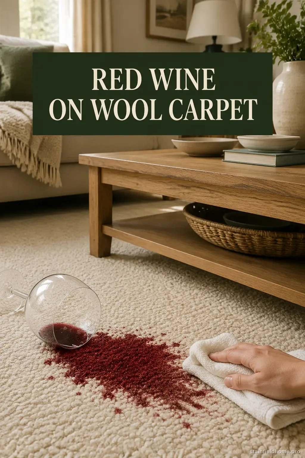A red wine spill being blotted from cream wool carpet in a warm American living room