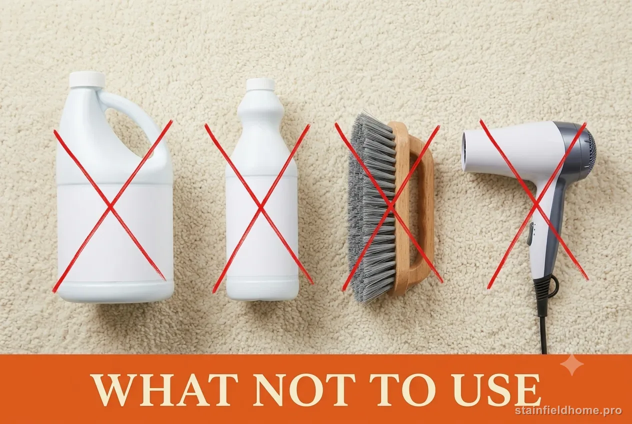 A bleach jug, an ammonia bottle, a stiff scrub brush and a hair dryer marked with red X