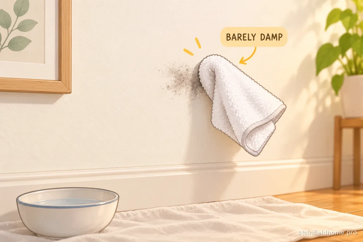 A well-wrung microfiber cloth gently lifting a small remaining soot shadow.