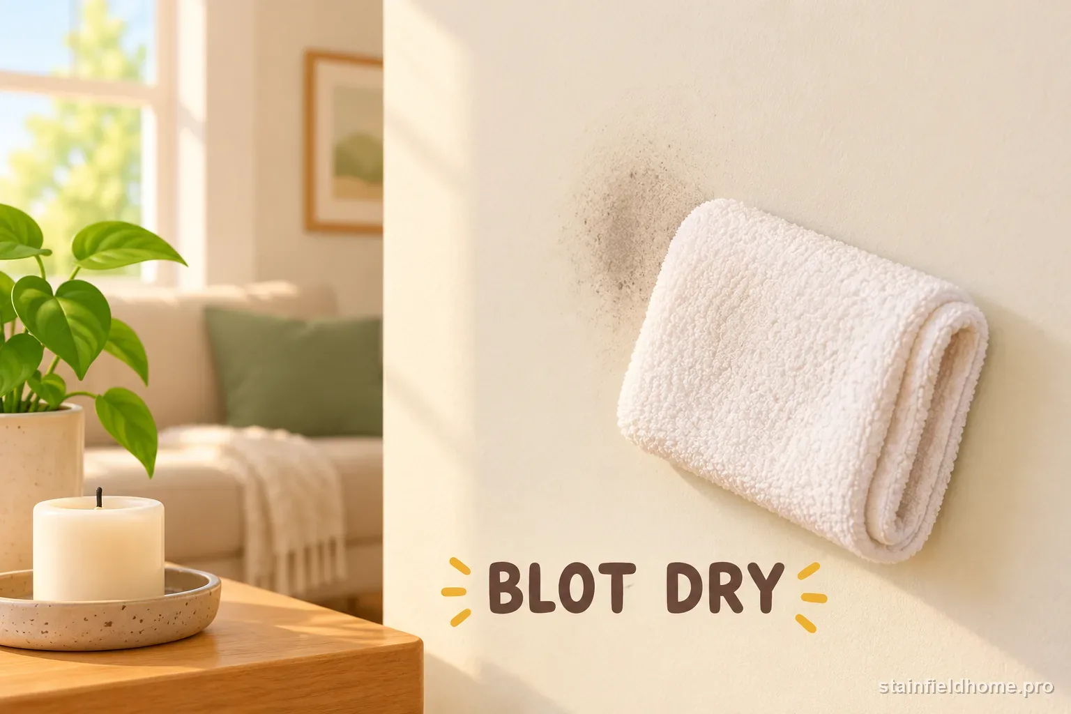 A clean towel blotting a painted wall after a small soot treatment.