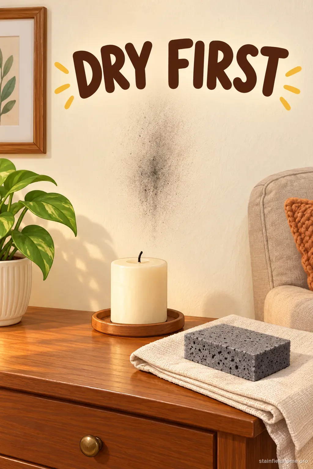 A light candle soot smudge on a painted wall beside a dry soot sponge