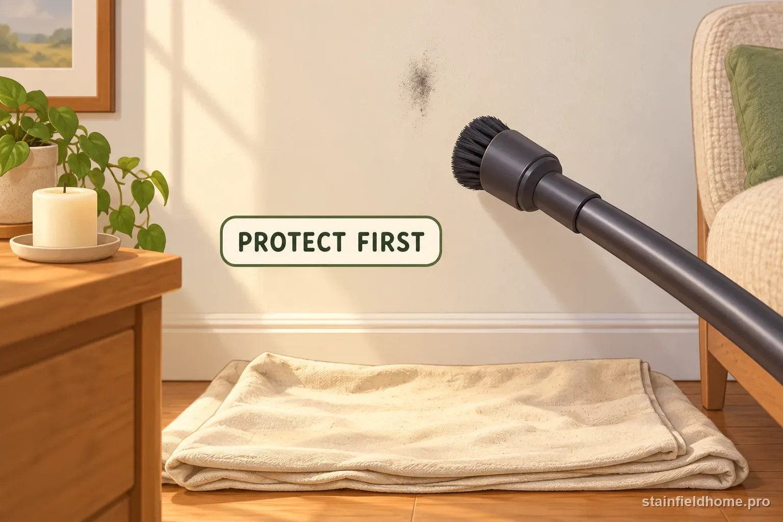 A drop cloth and soft brush attachment prepared below a small soot mark on a wall.