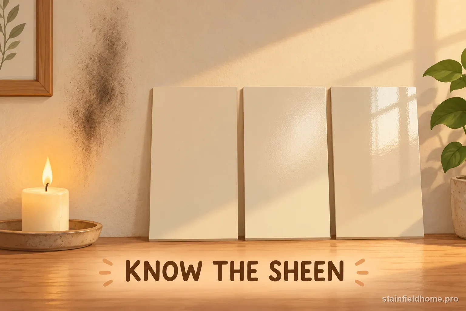 Paint samples showing flat, eggshell, and satin finishes beside a wall.