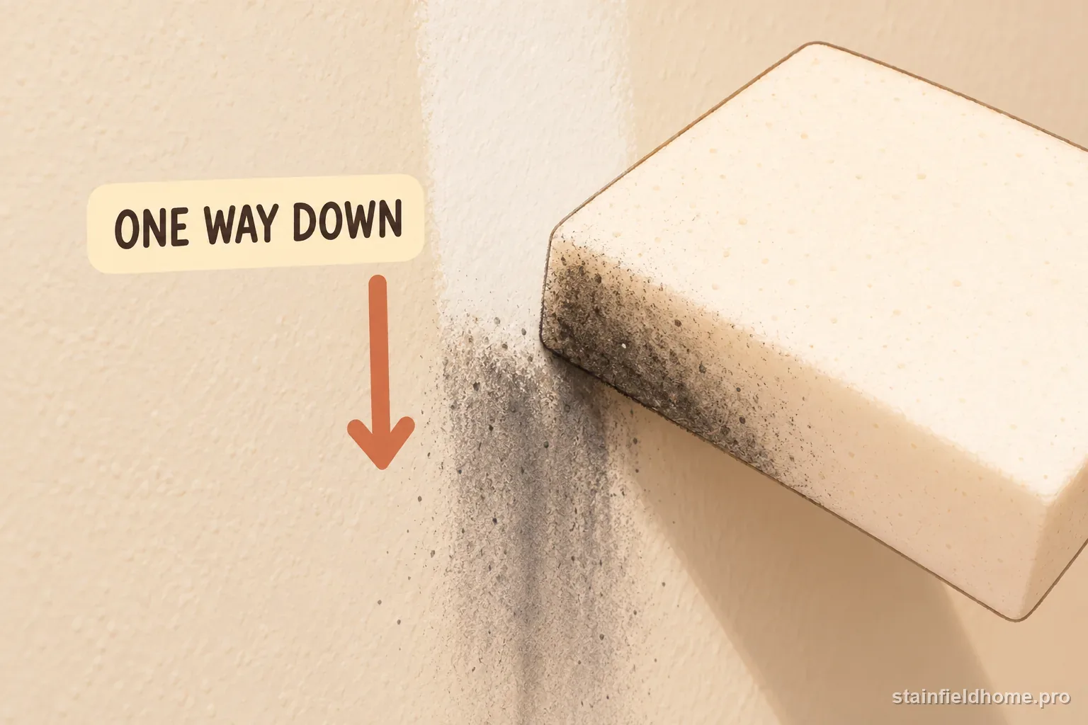 A dry chemical soot sponge making one downward pass over a soot mark.