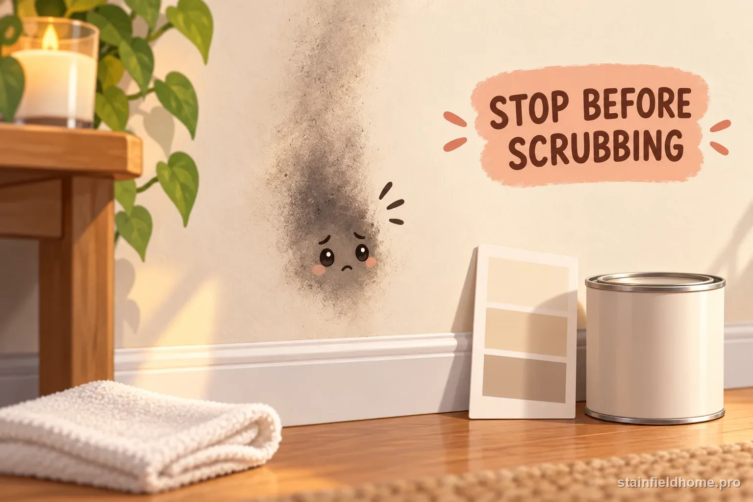 A persistent soot shadow beside a paint chip and a primer brush, showing when to stop cleaning.