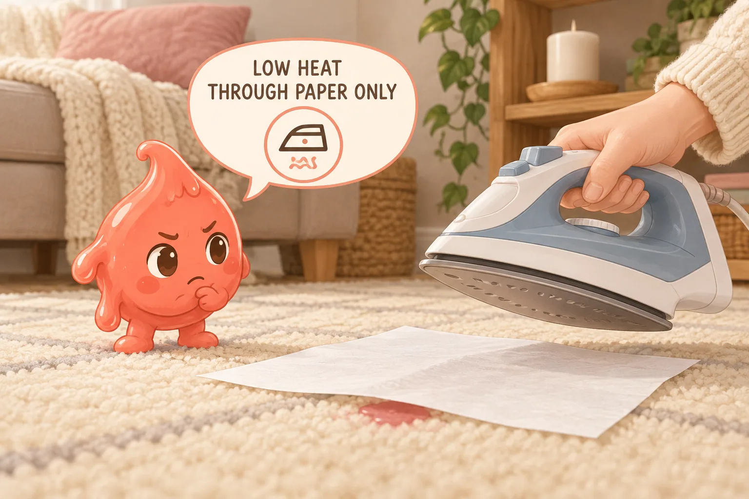 Low iron heat applied above plain absorbent paper covering a cooled wax spot, with the iron kept off the carpet.
