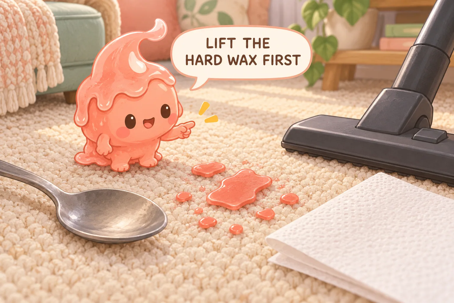 A dull spoon and vacuum beside cooled candle-wax pieces on a cream woven carpet before cleaning.