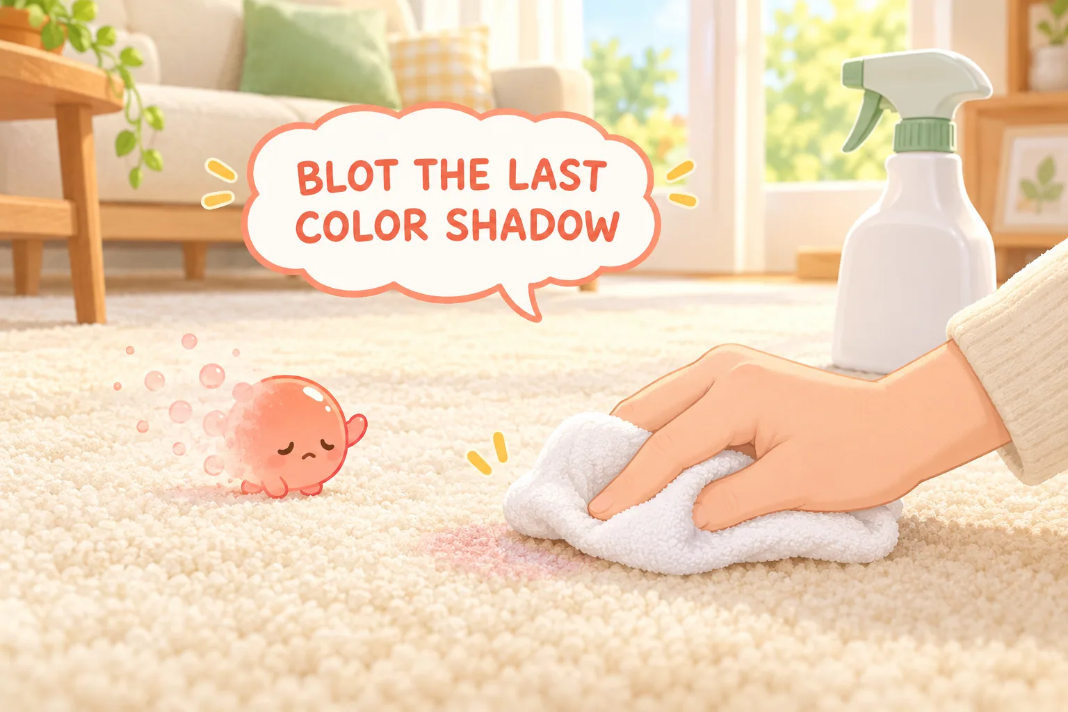 A white cloth blotting a faint candle-color shadow from cream carpet after solid wax has been lifted.