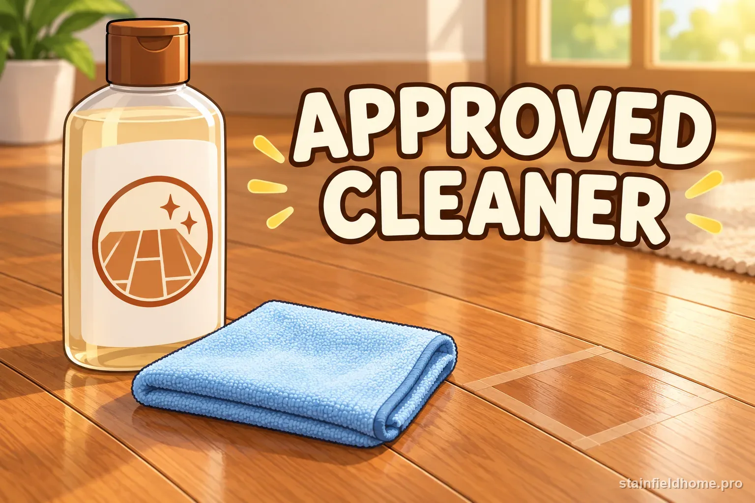 A wood floor cleaner and microfiber cloth beside a small test area