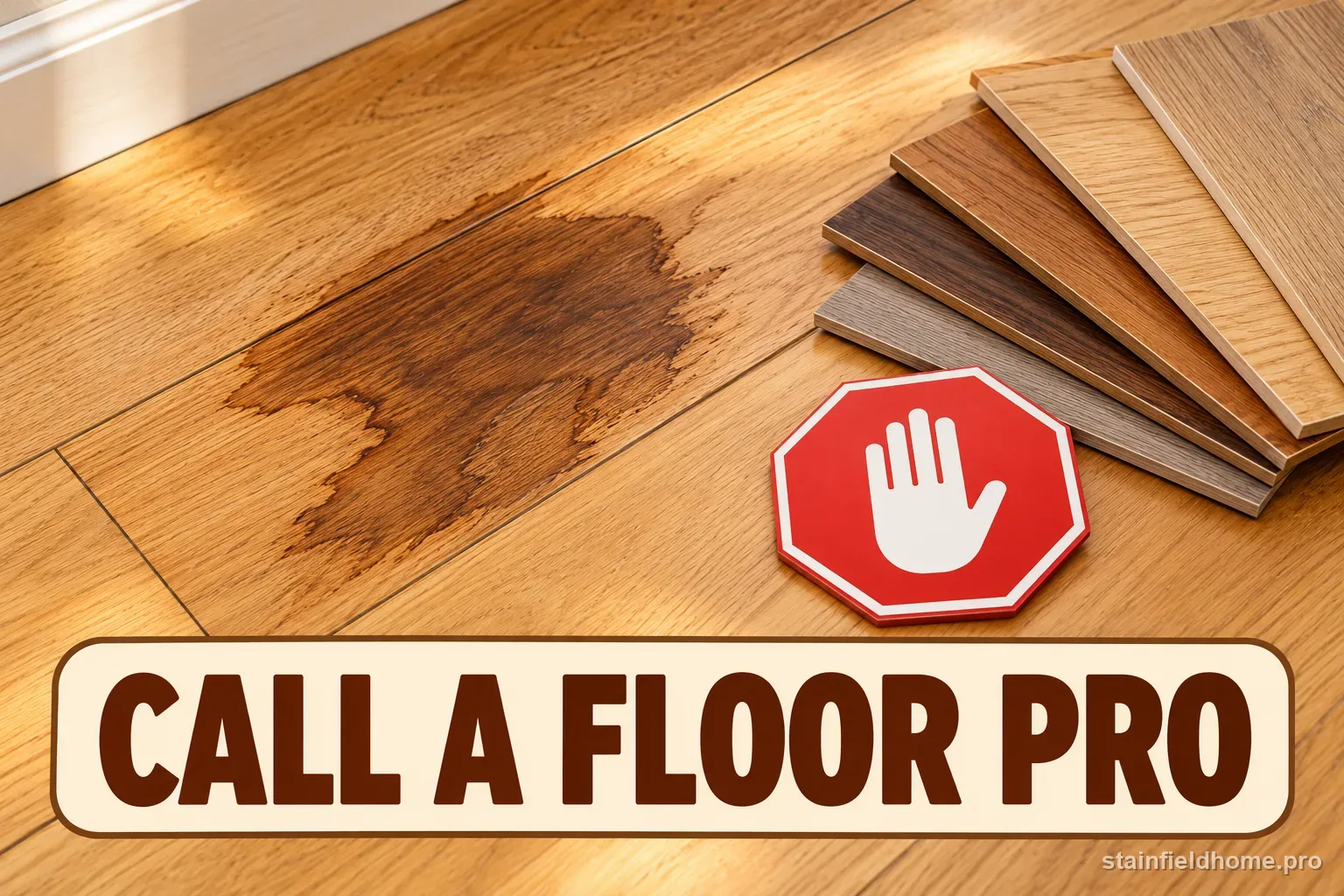 A dark water stain extending into the grain of a hardwood plank