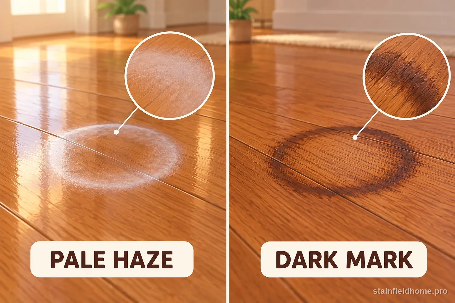 A comparison of a pale cloudy floor mark and a dark mark in the wood grain