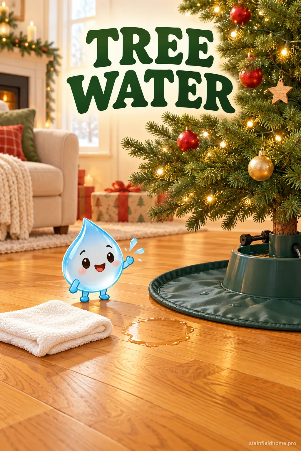 A water ring beneath a Christmas tree stand on a wood floor beside a dry cloth