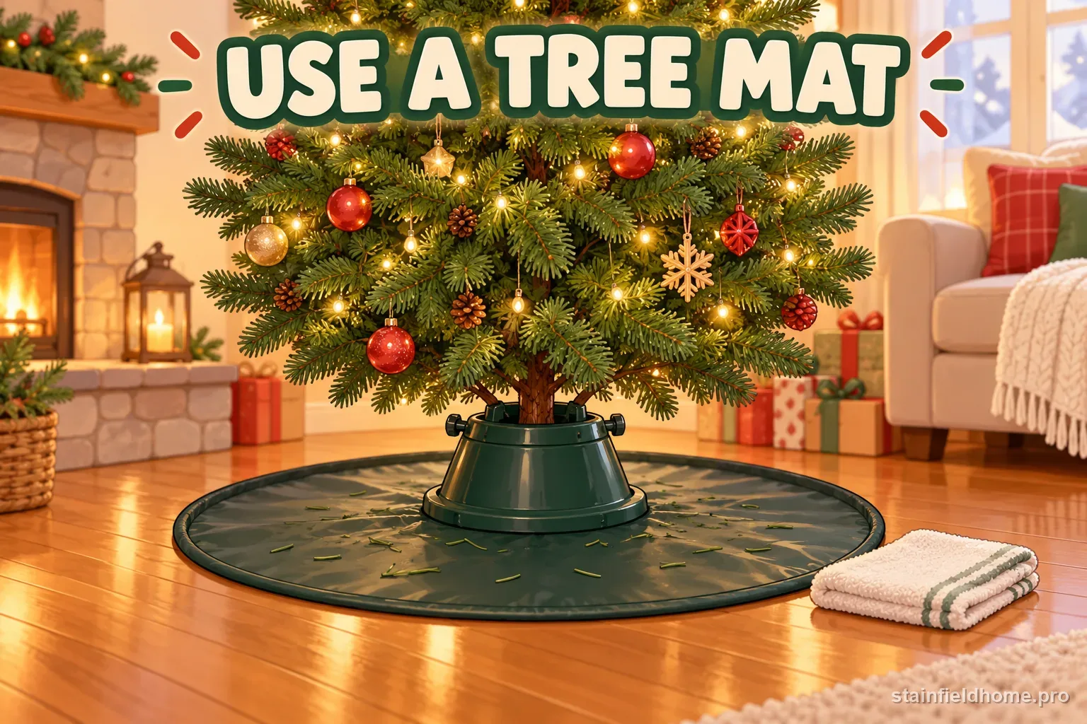 A live Christmas tree stand set on a waterproof protective floor mat