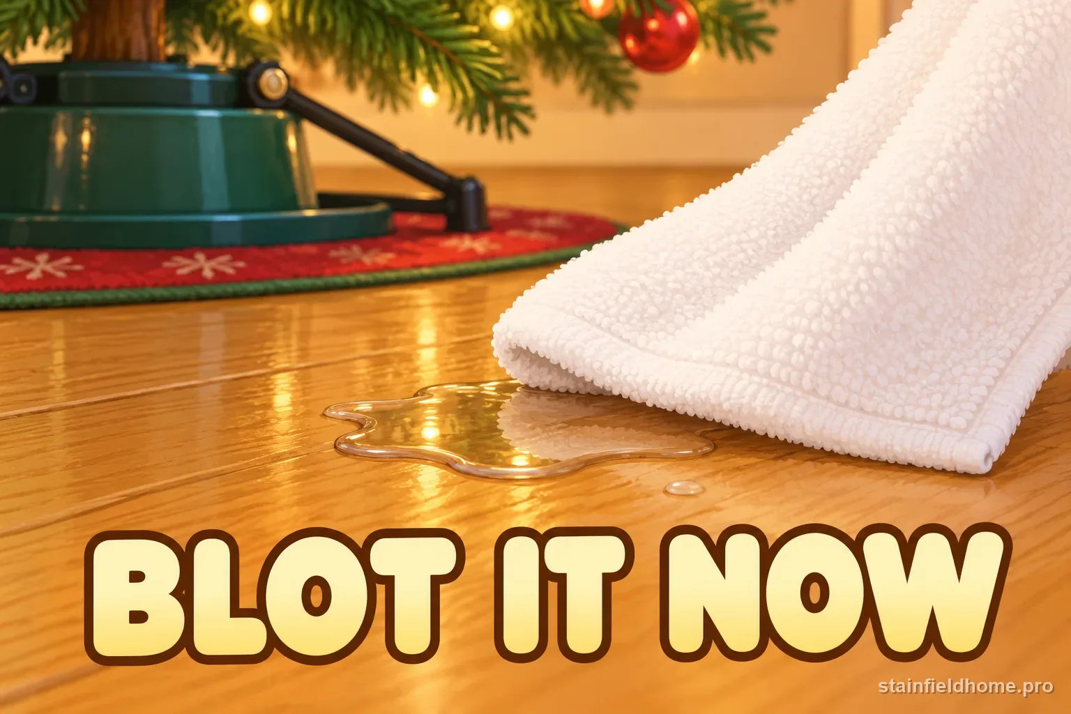 A dry cloth lifting a fresh tree-stand spill from a wood floor
